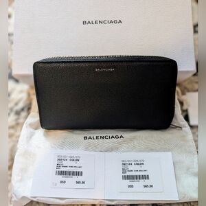 Balenciaga black pebbled leather zip around accordion wallet